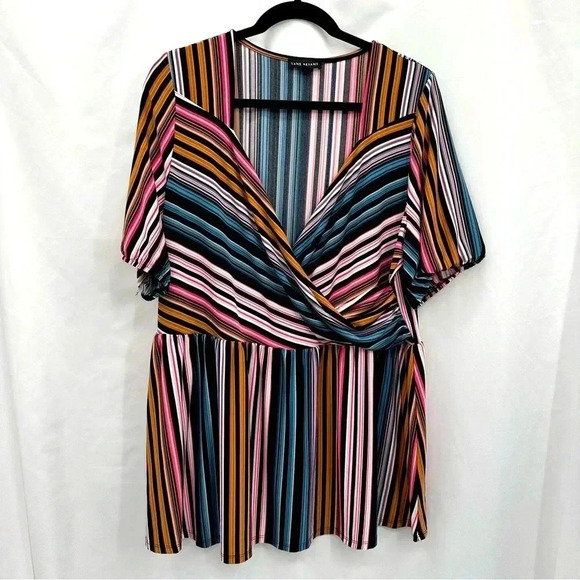 Lane Bryant Womens Stripe Top 18/20 Tan Black White Short Sleeve Crisscross - Picture 1 of 11